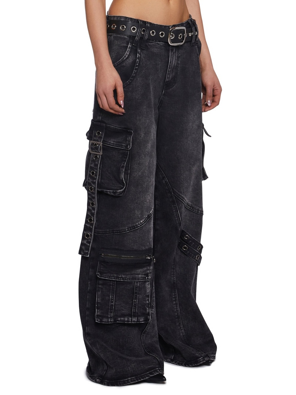 Dolls Kill - Current Mood Wide-Leg Black Cargo Jeans with Grommet Details